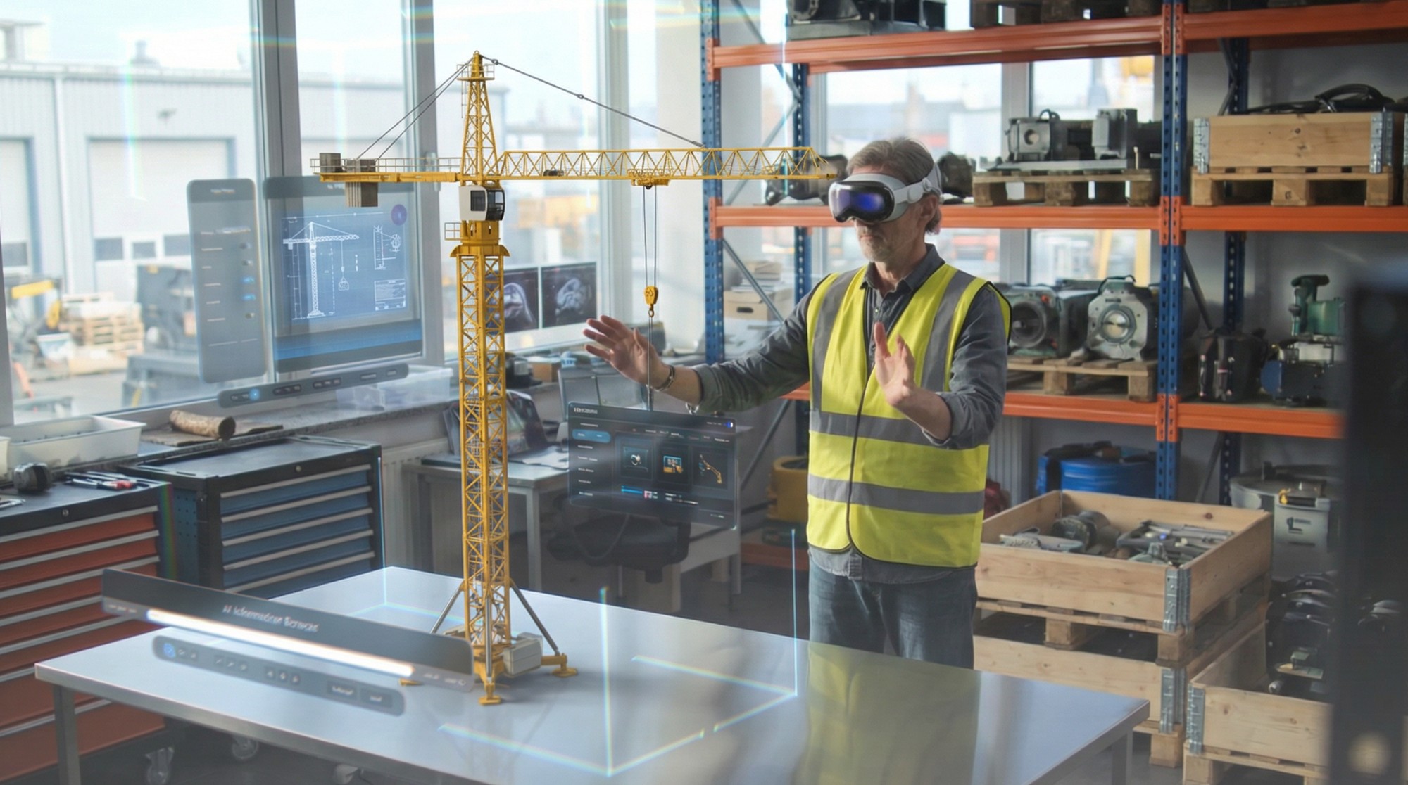 Worker with an XR headset manipulating a holographic tower crane in an industrial workshop