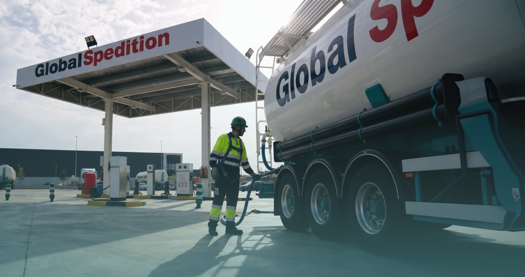 Camión cisterna de Global Spedition repostando en estación de servicio