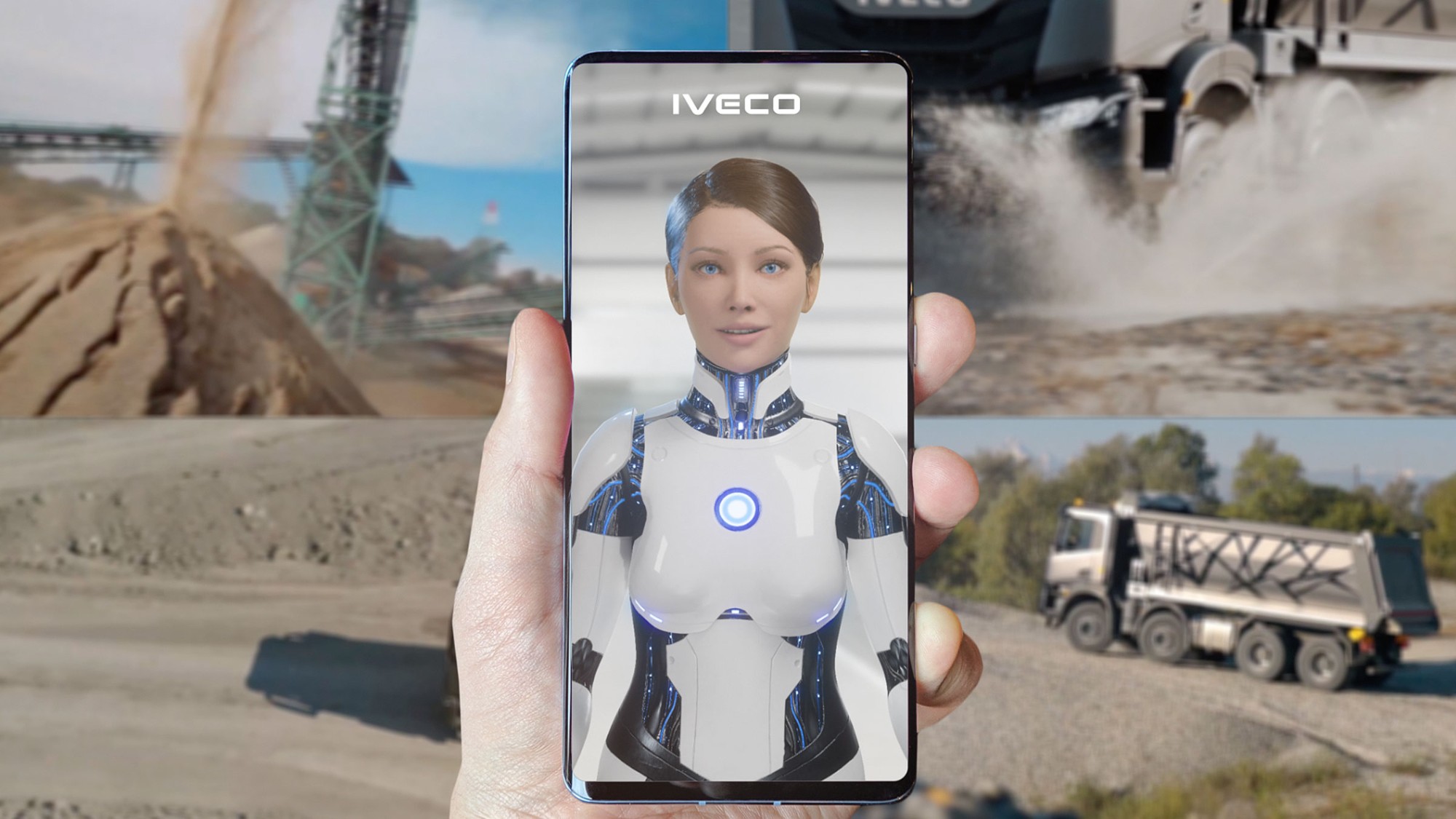 IRIA, la avatar IA de IVECO, en la app móvil sobre imágenes de camiones IVECO