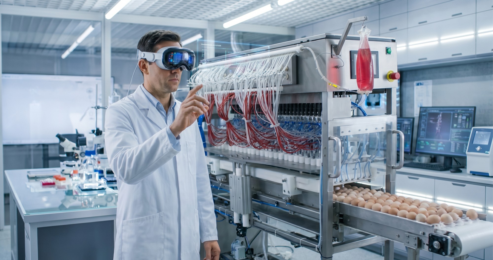 Técnico con gafas de Realidad Virtual explorando el Virtual Twin del OVO Xtractor de Boehringer